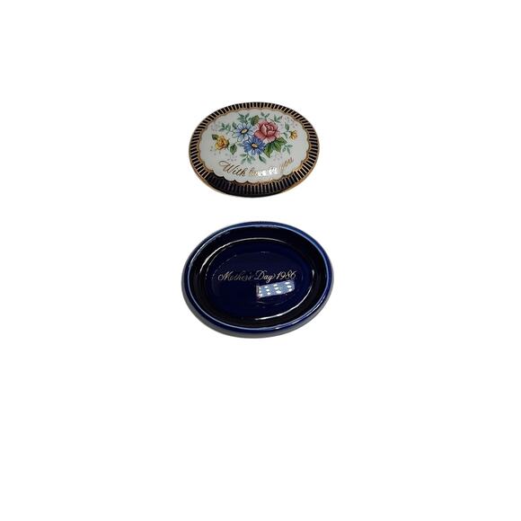 Vintage Avon Trinket Box Mothers Day 1986 Cobalt Blue Porcelain Gold Trim Floral - Picture 2 of 6
